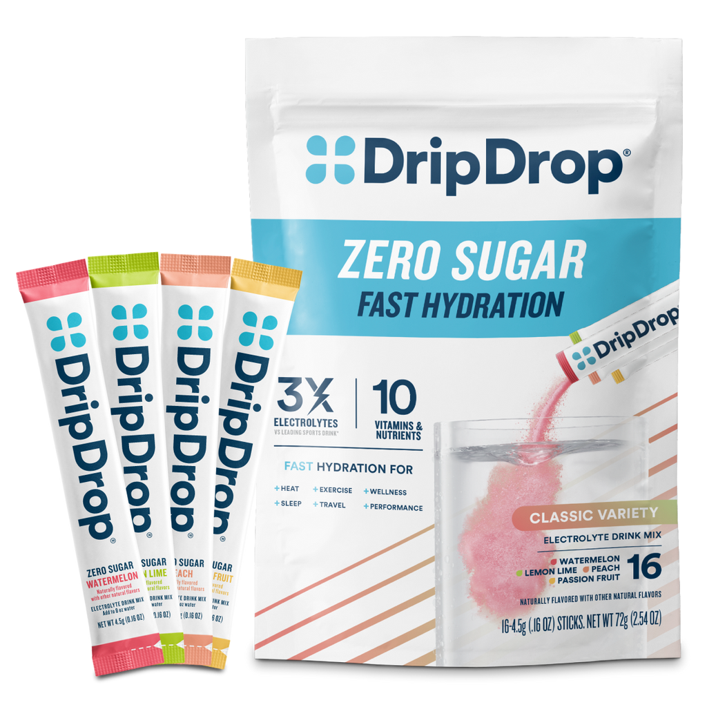 DripDrop Zero Sugar Classic Variety Pack Electrolyte Powder, 8 oz sticks, 16 count - Essential Collection