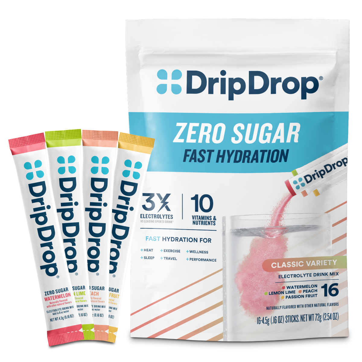 DripDrop Zero Sugar Classic Variety Pack Electrolyte Powder, 8 oz sticks, 16 count - Essential Collection