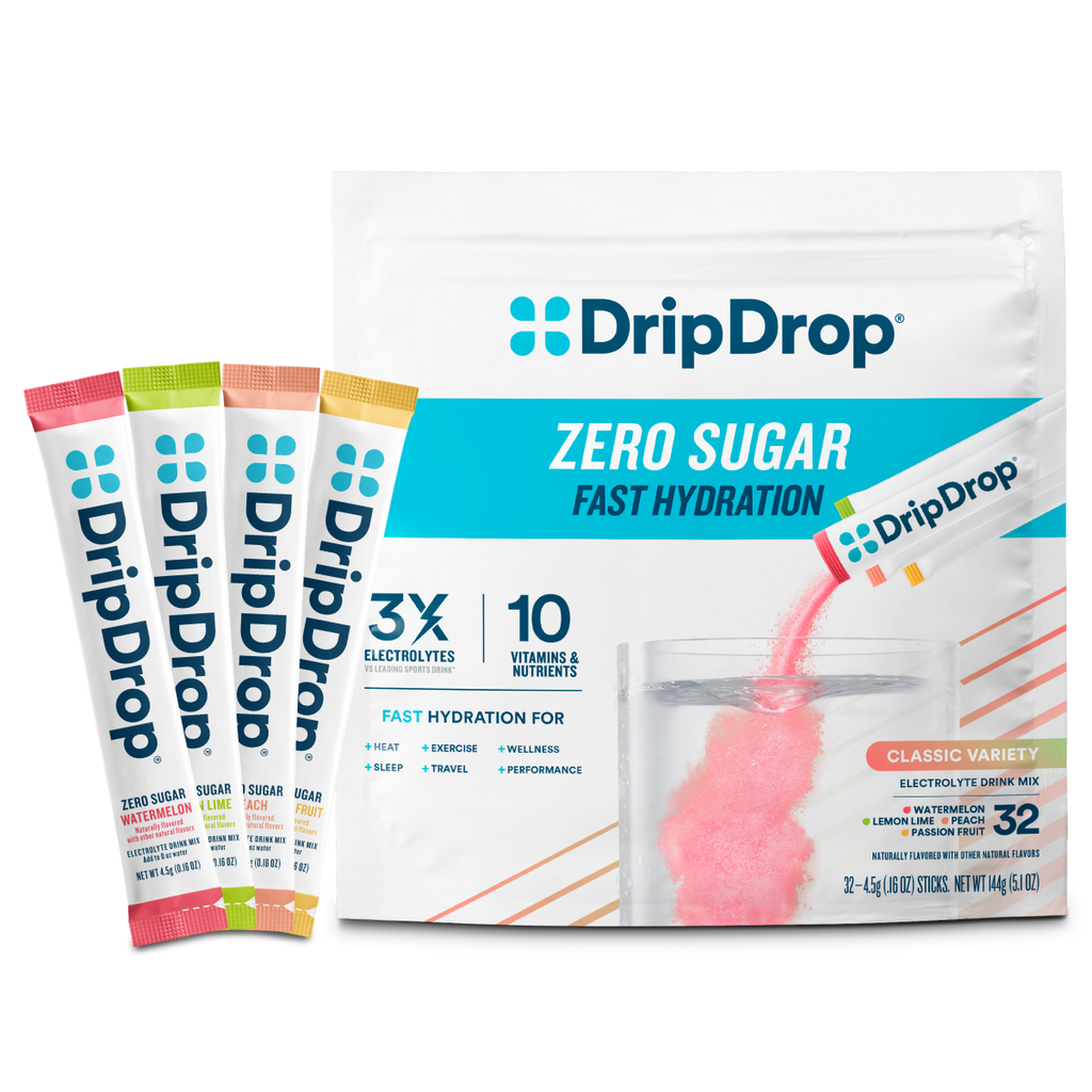 DripDrop Zero Sugar Classic Variety Pack Electrolyte Powder, 8 oz sticks, 32 count - Essential Collection