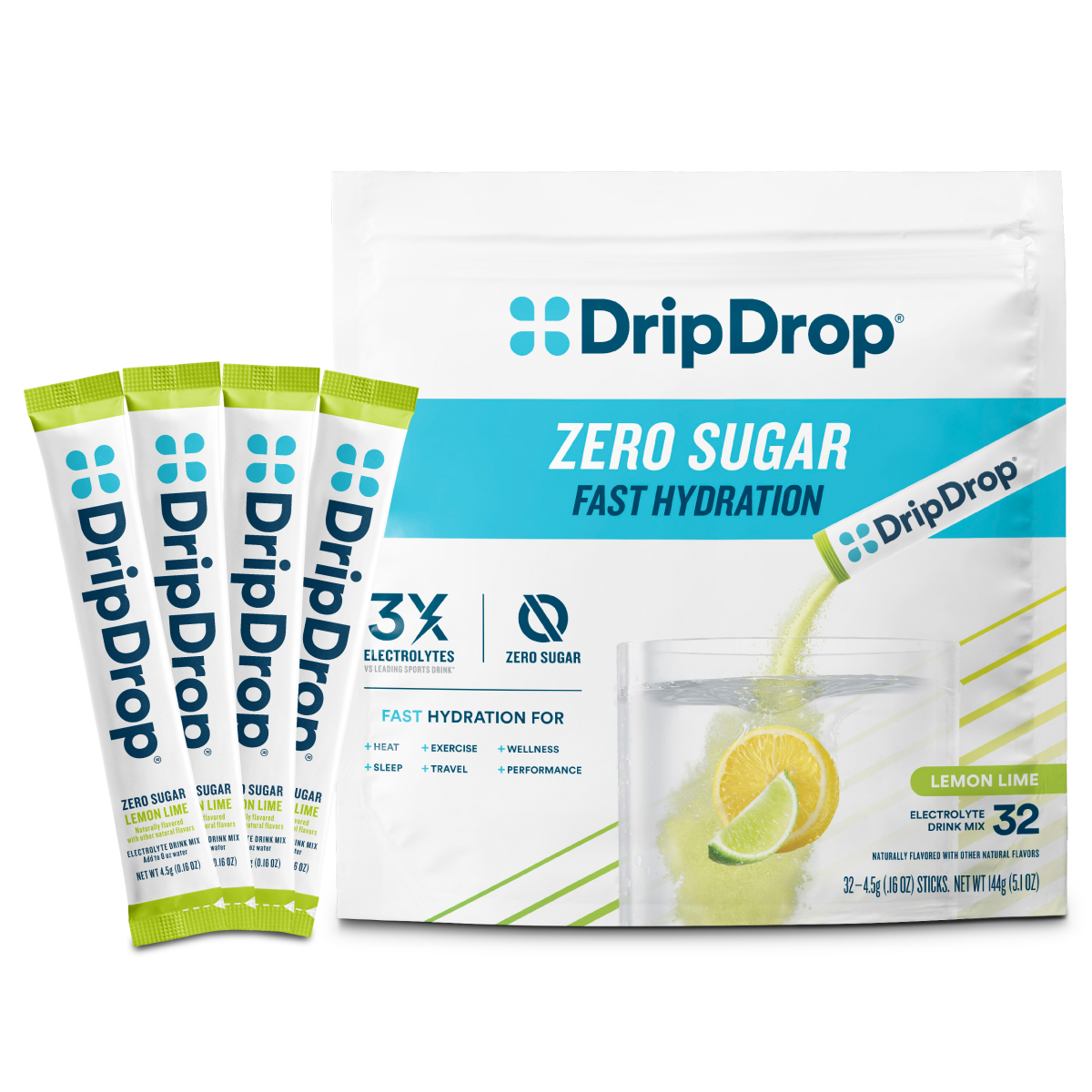 DripDrop Zero Sugar Lemon Lime Electrolyte Powder, 8 oz sticks, 32 count - Essential Collection