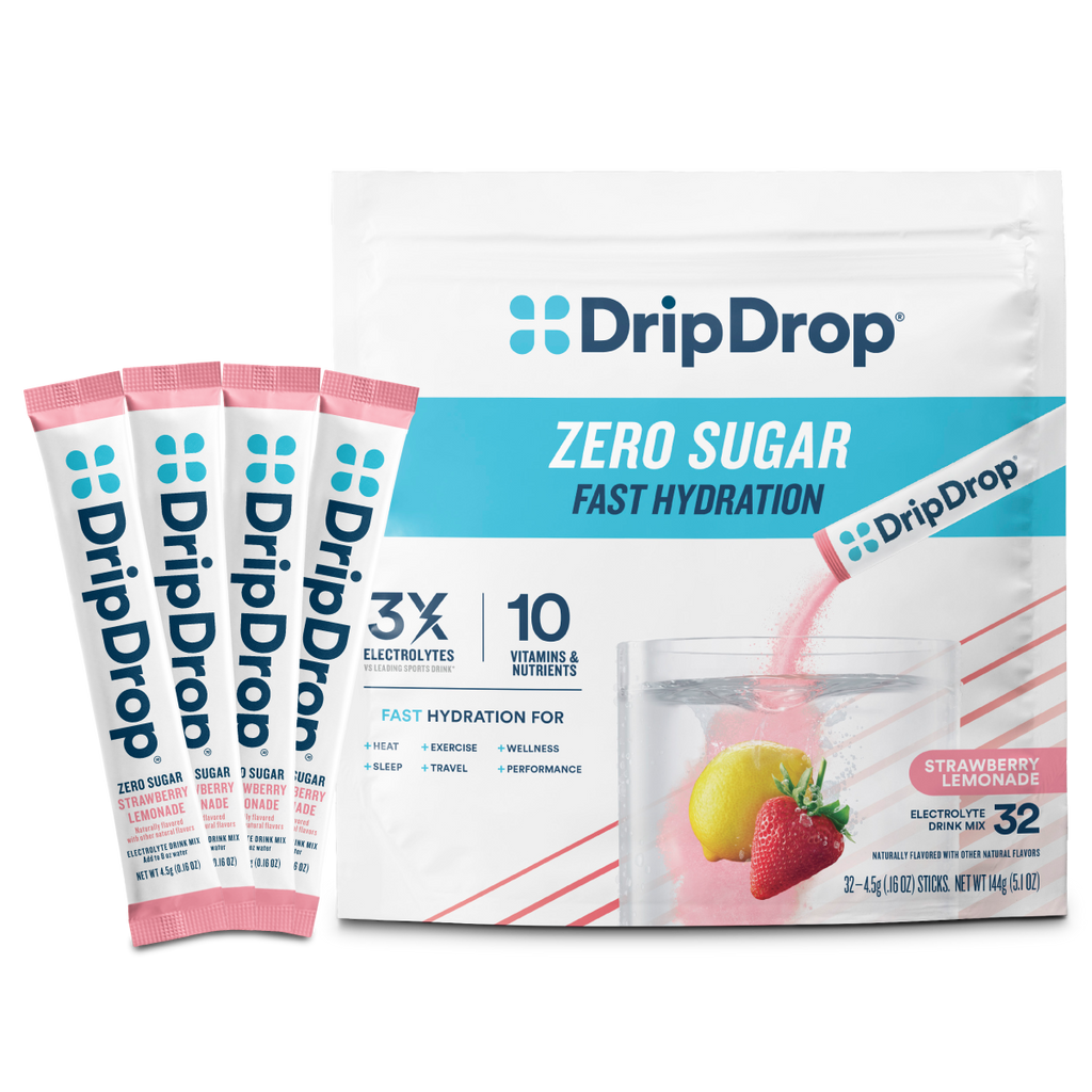 DripDrop Zero Sugar Strawberry Lemonade Electrolyte Powder, 8 oz sticks, 32 count - Essential Collection