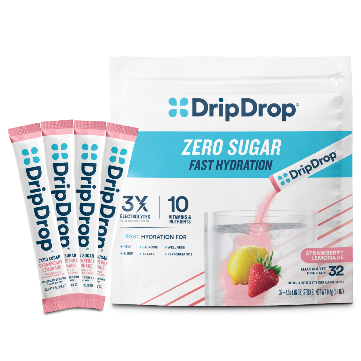 DripDrop Zero Sugar Strawberry Lemonade Electrolyte Powder, 8 oz sticks, 32 count - Essential Collection