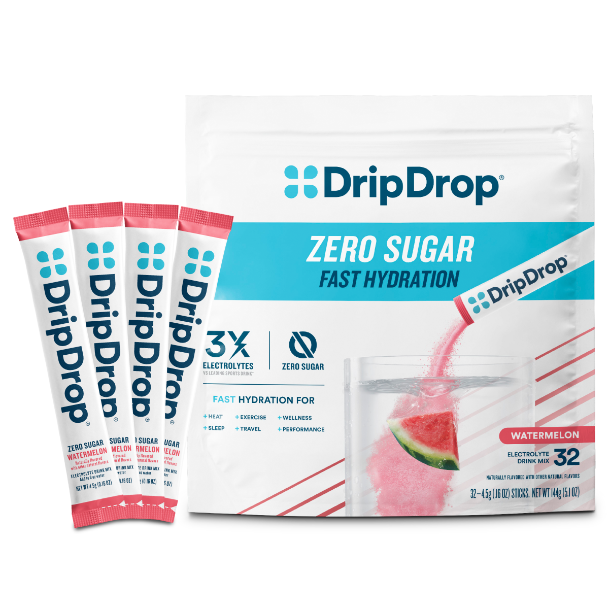 DripDrop Zero Sugar Watermelon Electrolyte Powder, 8 oz sticks, 32 count - Essential Collection