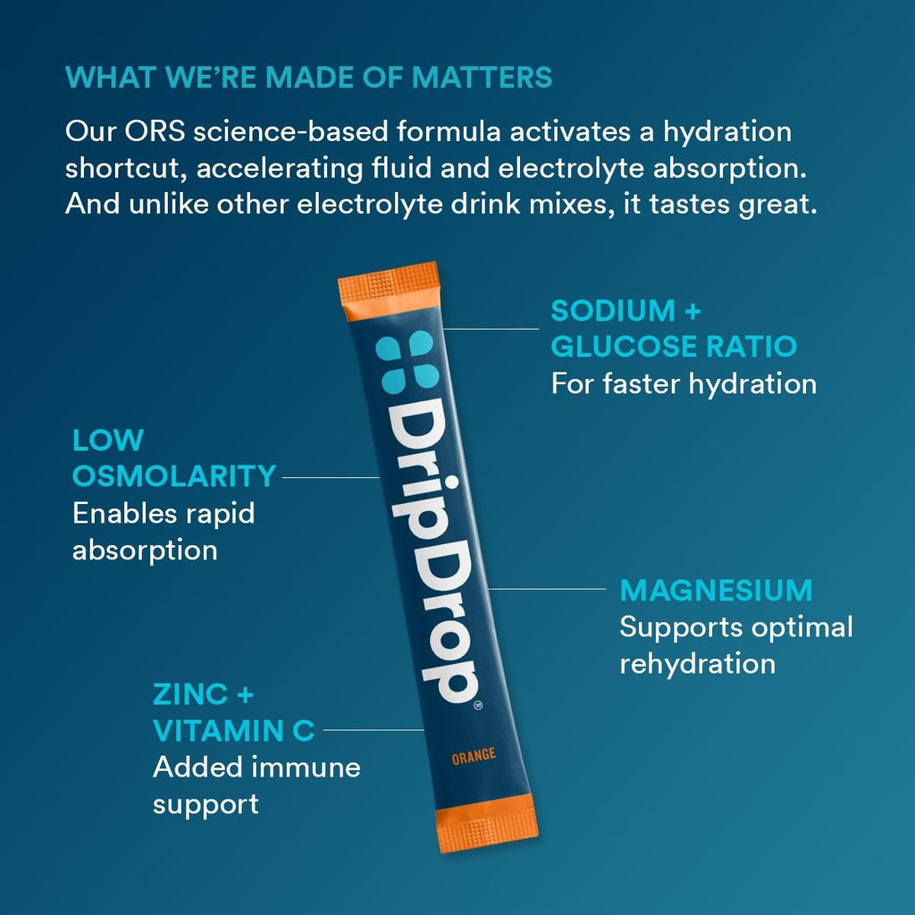 DripDrop Orange Electrolyte Powder, 8 oz sticks, 32 count - Essential Collection