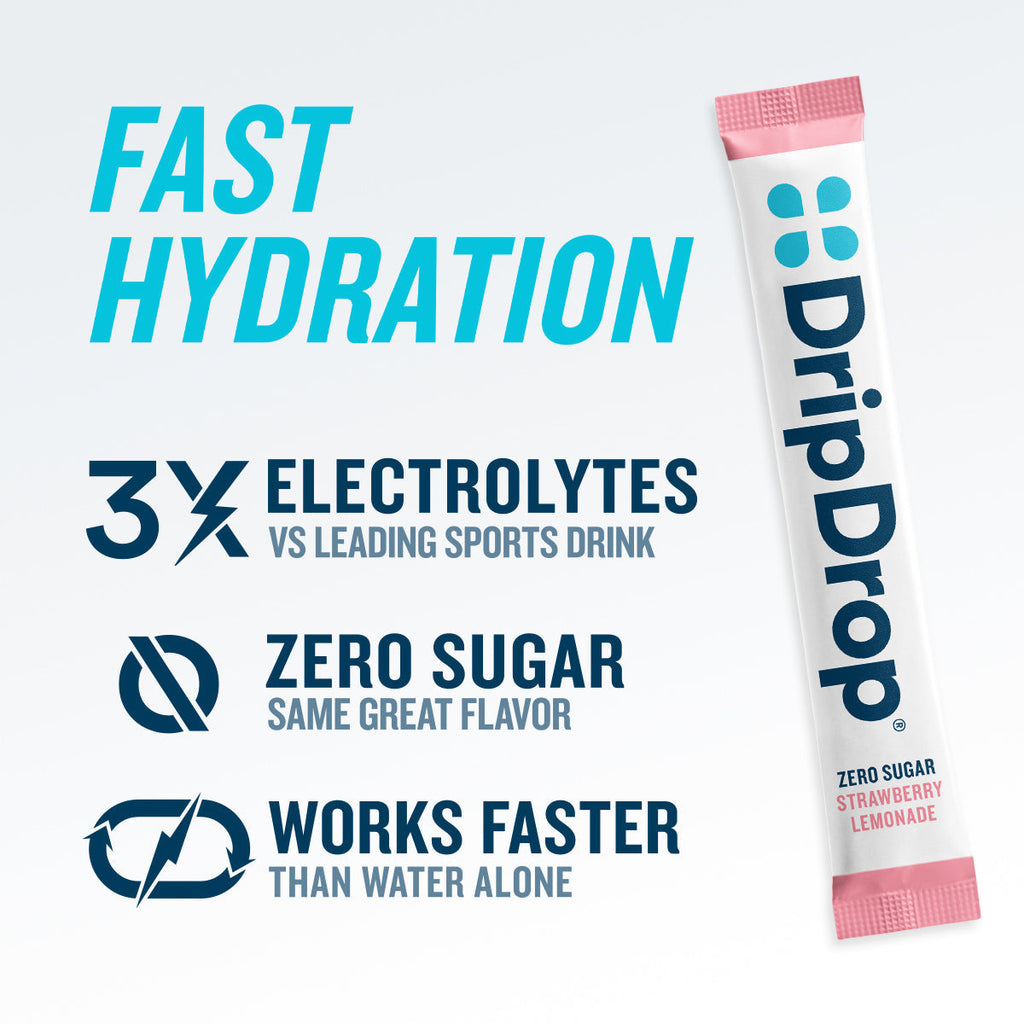 DripDrop Zero Sugar Strawberry Lemonade Electrolyte Powder, 8 oz sticks, 32 count - Essential Collection