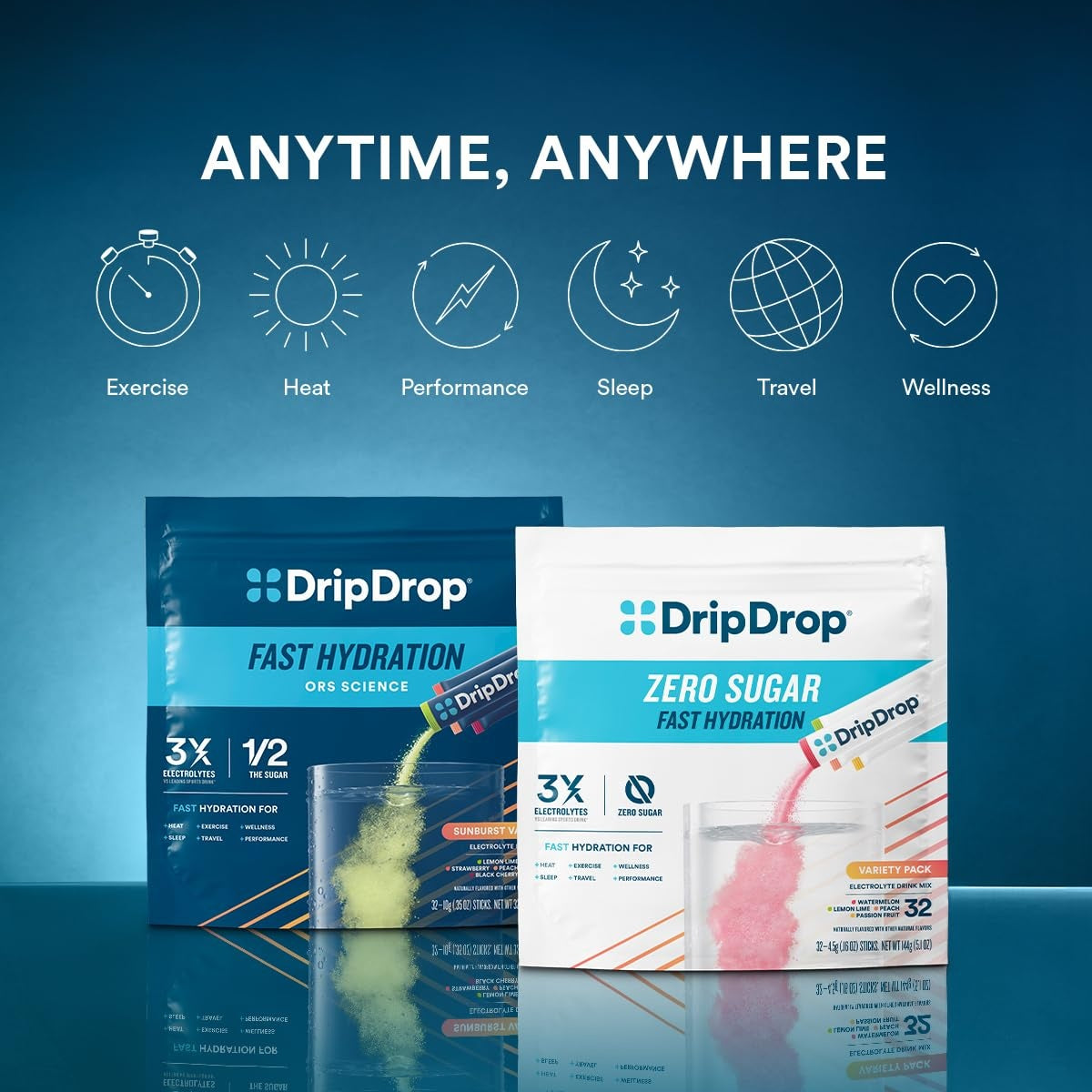 DripDrop Sunburst Variety Pack Electrolyte Powder, 8 oz sticks, 32 count - Essential Collection
