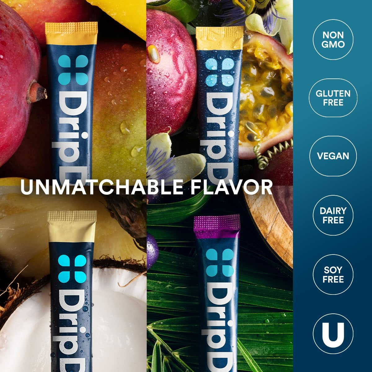 DripDrop Tropical Variety Pack Electrolyte Powder, 8 oz sticks, 16 count - Essential Collection