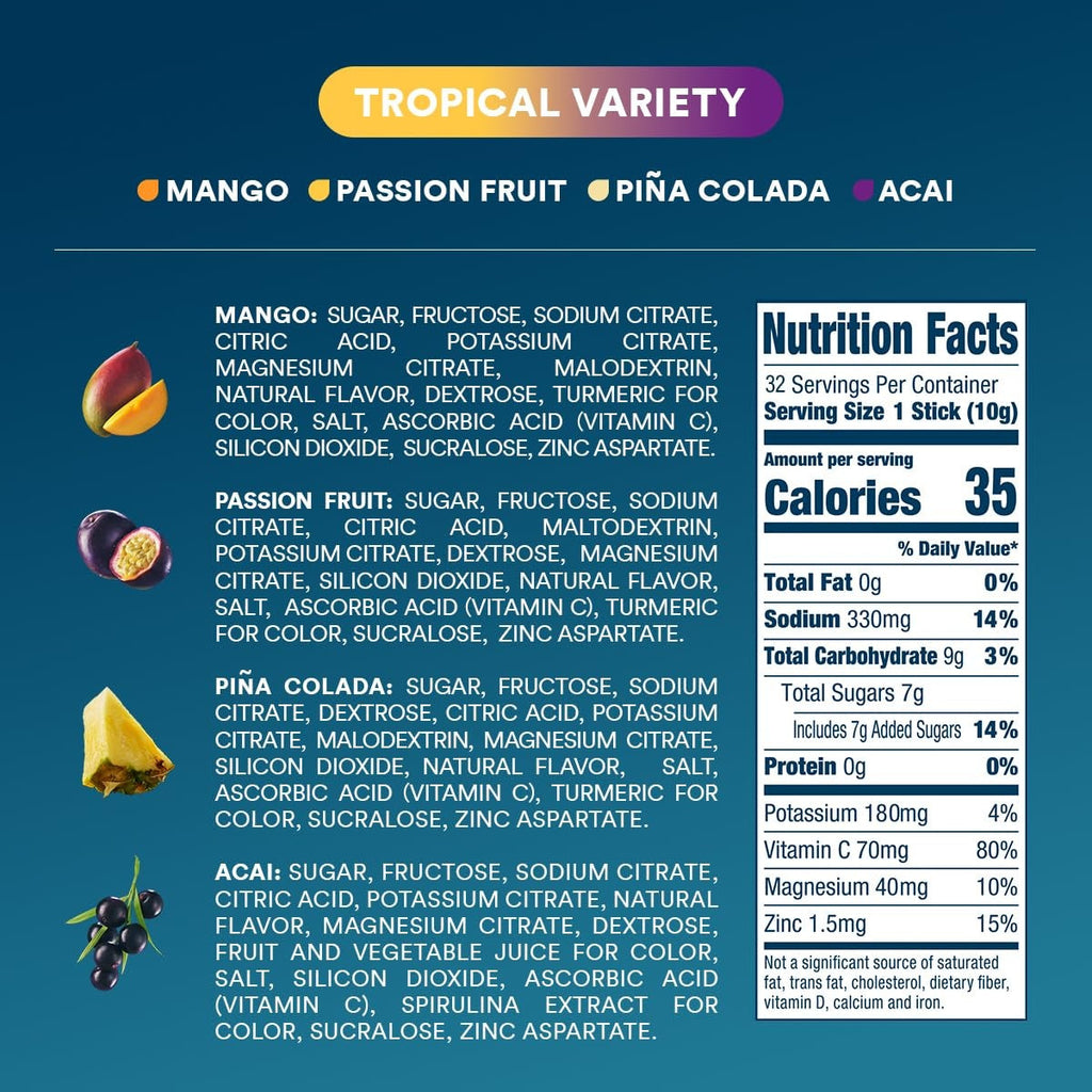 DripDrop Tropical Variety Pack Electrolyte Powder, 8 oz sticks, 32 count - Essential Collection