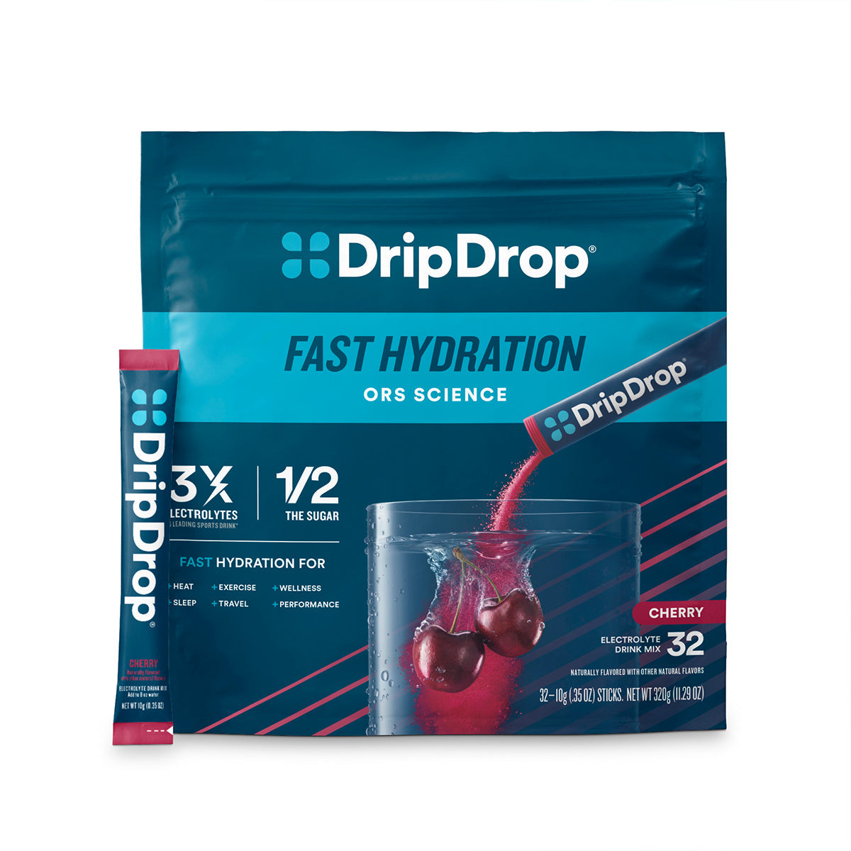 DripDrop Cherry Electrolyte Powder, 8 oz sticks, 32 count - Essential Collection