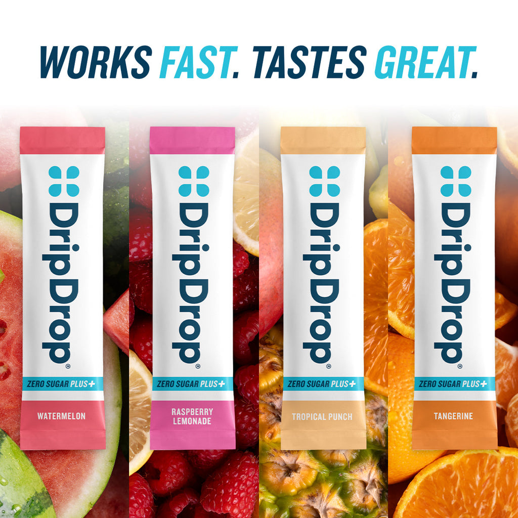 DripDrop Zero Sugar Plus, Watermelon, Tangerine, Tropical Punch, Raspberry Lemonade, 16 oz sticks, 16 count - Essential Collection
