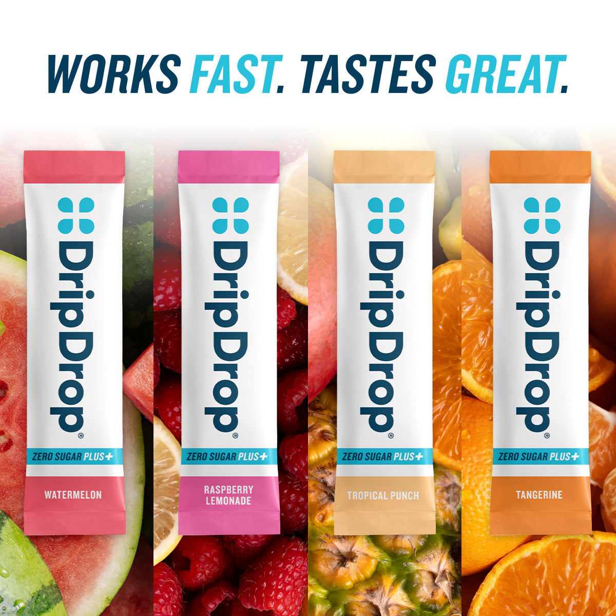 DripDrop Zero Sugar Plus, Watermelon, Tangerine, Tropical Punch, Raspberry Lemonade, 16 oz sticks, 16 count - Essential Collection