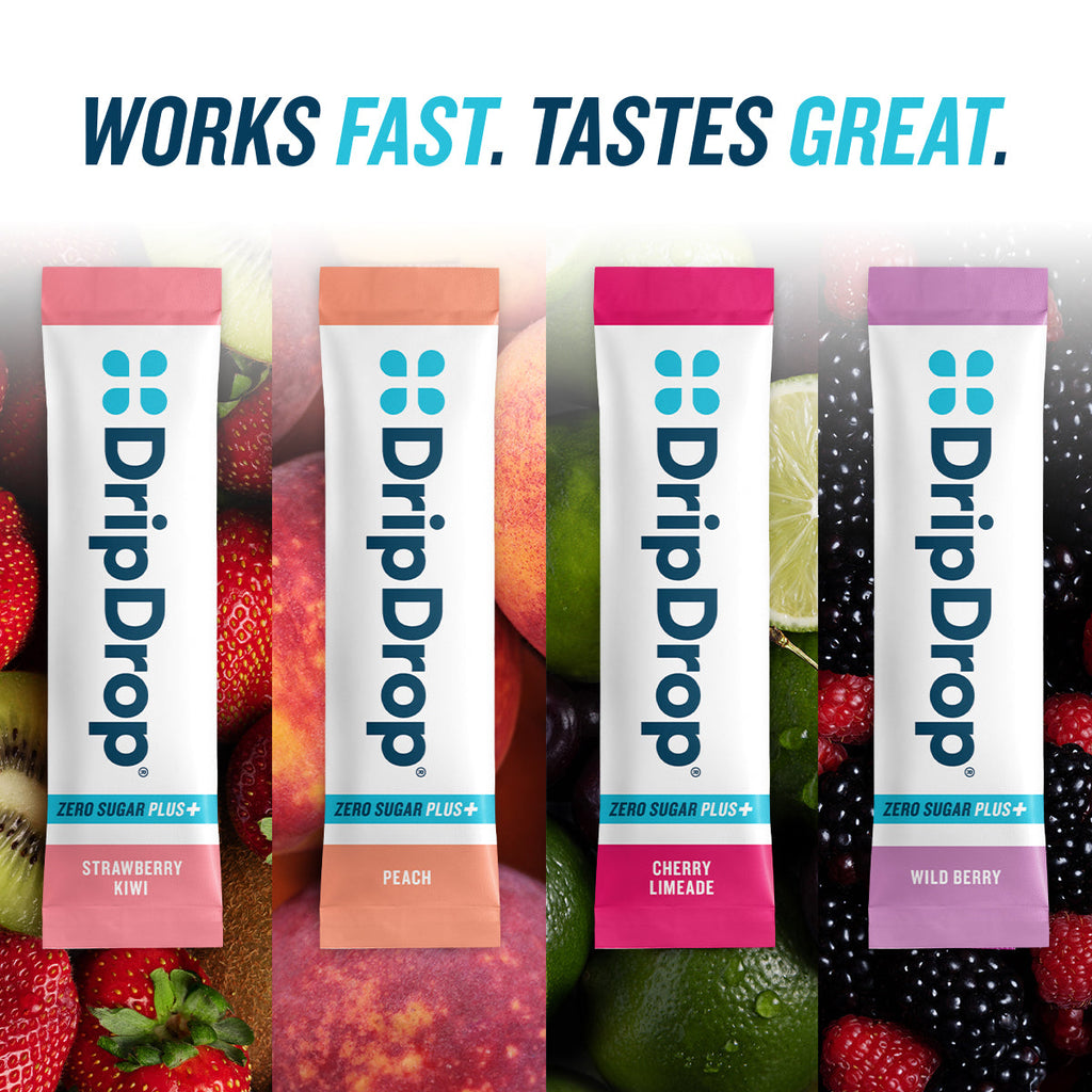 DripDrop Zero Sugar Plus, Strawberry Kiwi, Peach, Cherry Limeade, Wild Berry, 16 oz sticks, 8 count - Essential Collection