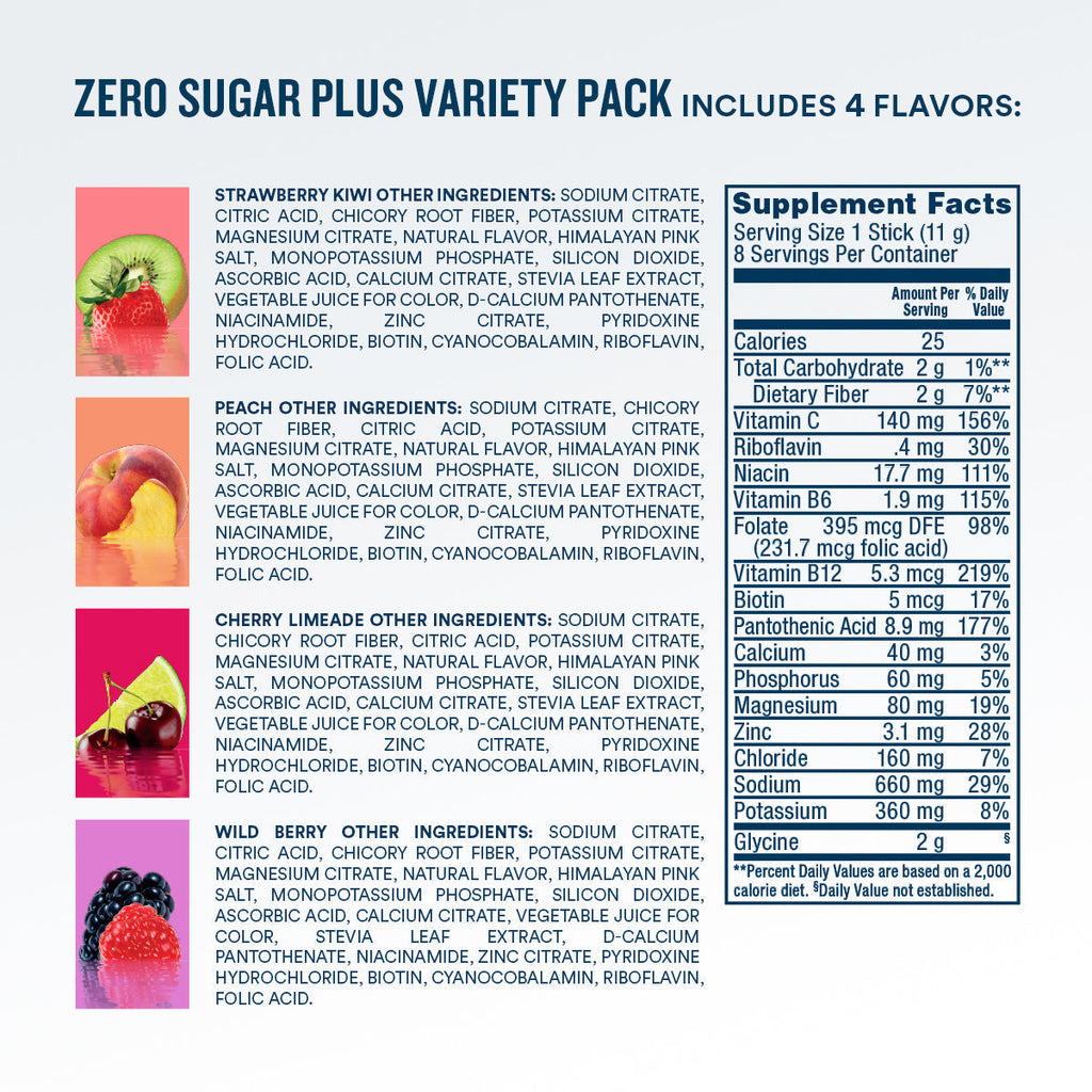 DripDrop Zero Sugar Plus, Strawberry Kiwi, Peach, Cherry Limeade, Wild Berry, 16 oz sticks, 8 count - Essential Collection