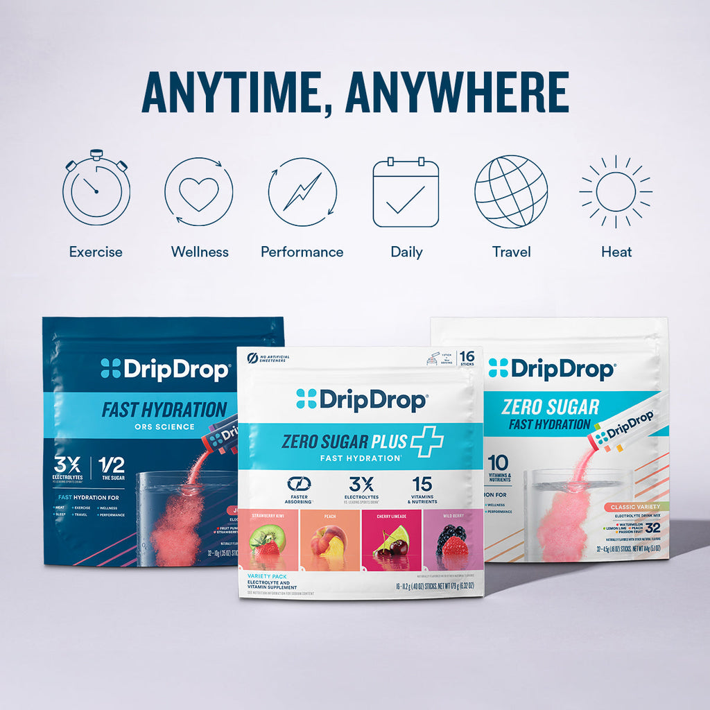 DripDrop Zero Sugar Plus, Watermelon, Tangerine, Tropical Punch, Raspberry Lemonade, 16 oz sticks, 8 count - Essential Collection