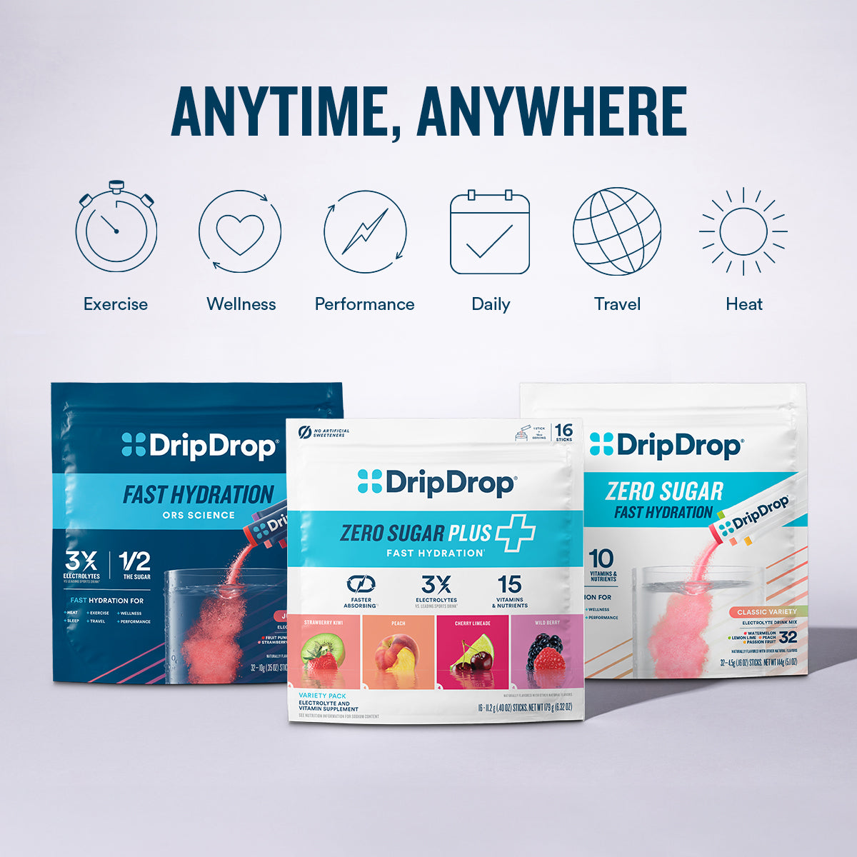DripDrop Zero Sugar Plus, Strawberry Kiwi, Peach, Cherry Limeade, Wild Berry, 16 oz sticks, 8 count - Essential Collection