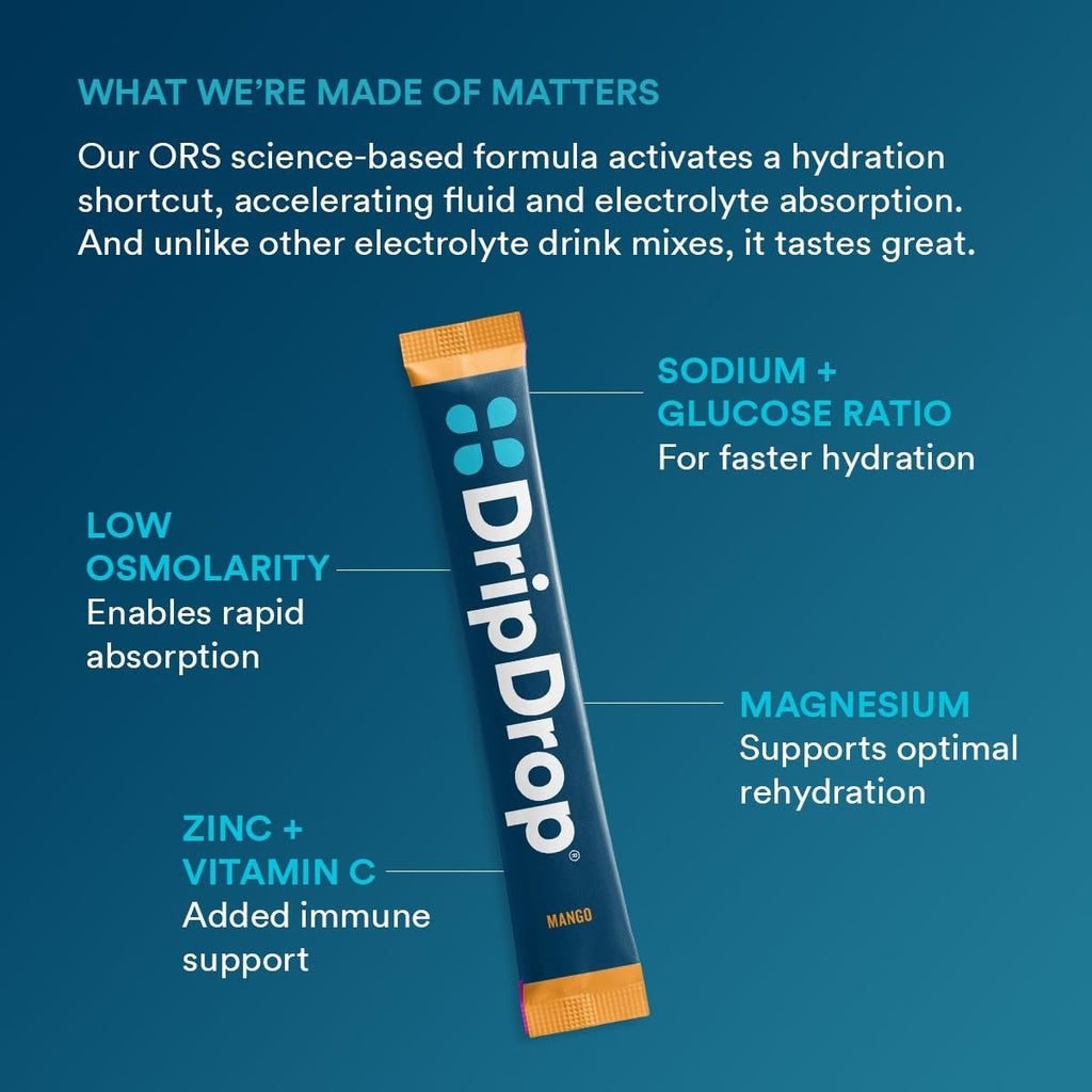 DripDrop Tropical Variety Pack Electrolyte Powder, 8 oz sticks, 16 count - Essential Collection